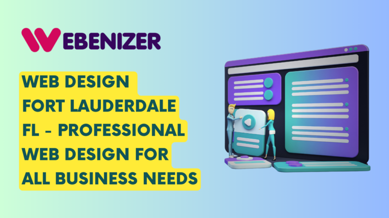 The image is an advertisement for a web design service by a company named WEBENIZER, based in Tallahassee, FL. It features their logo, a bold purple "WEBENIZER" with a red stylized "W," and highlights their services in green text on a yellow background, stating, "WEB DESIGN TALLAHASSEE FL - PROFESSIONAL WEB DESIGN FOR ALL BUSINESS NEEDS." A 3D illustration of a web design interface is displayed on the right, with two human-like figures interacting with various design elements like text boxes and buttons, showcasing customization and interactivity.